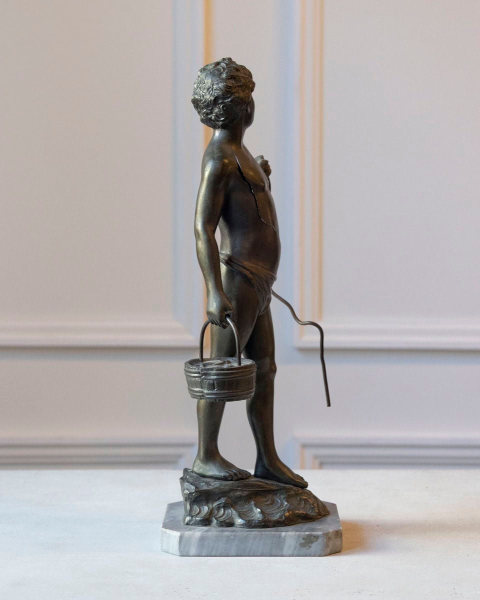 Italian 19th Century Patinated Bronze Sculpture of a Boy on Marble Base, Signed - JAA