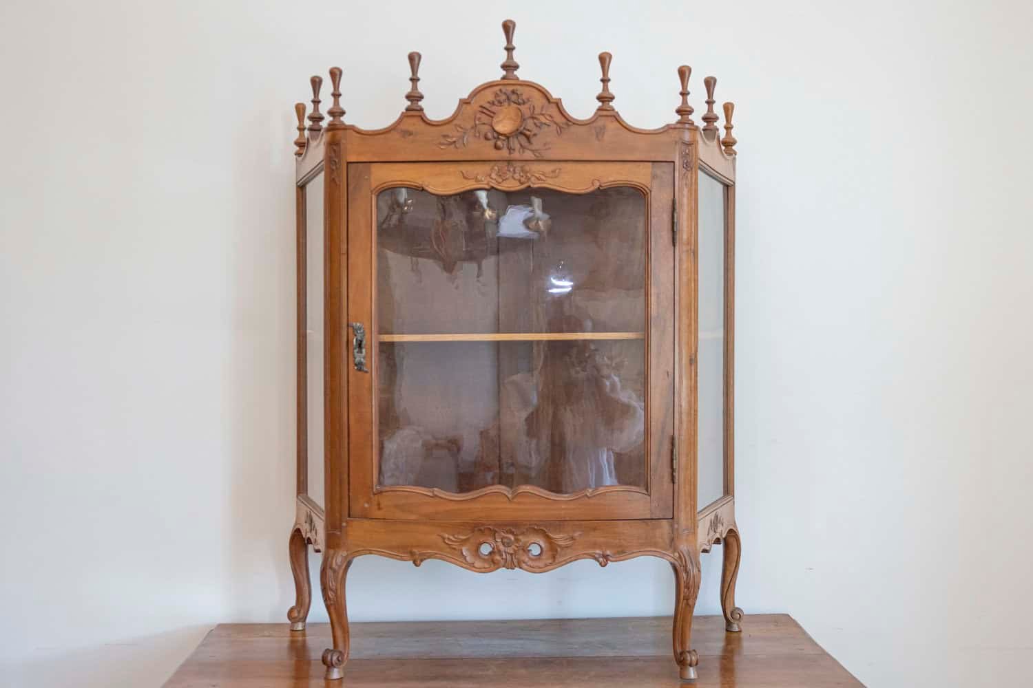 French 19th Century Louis XV Style Walnut Display Cabinet with Carved Musical Instruments - JAA