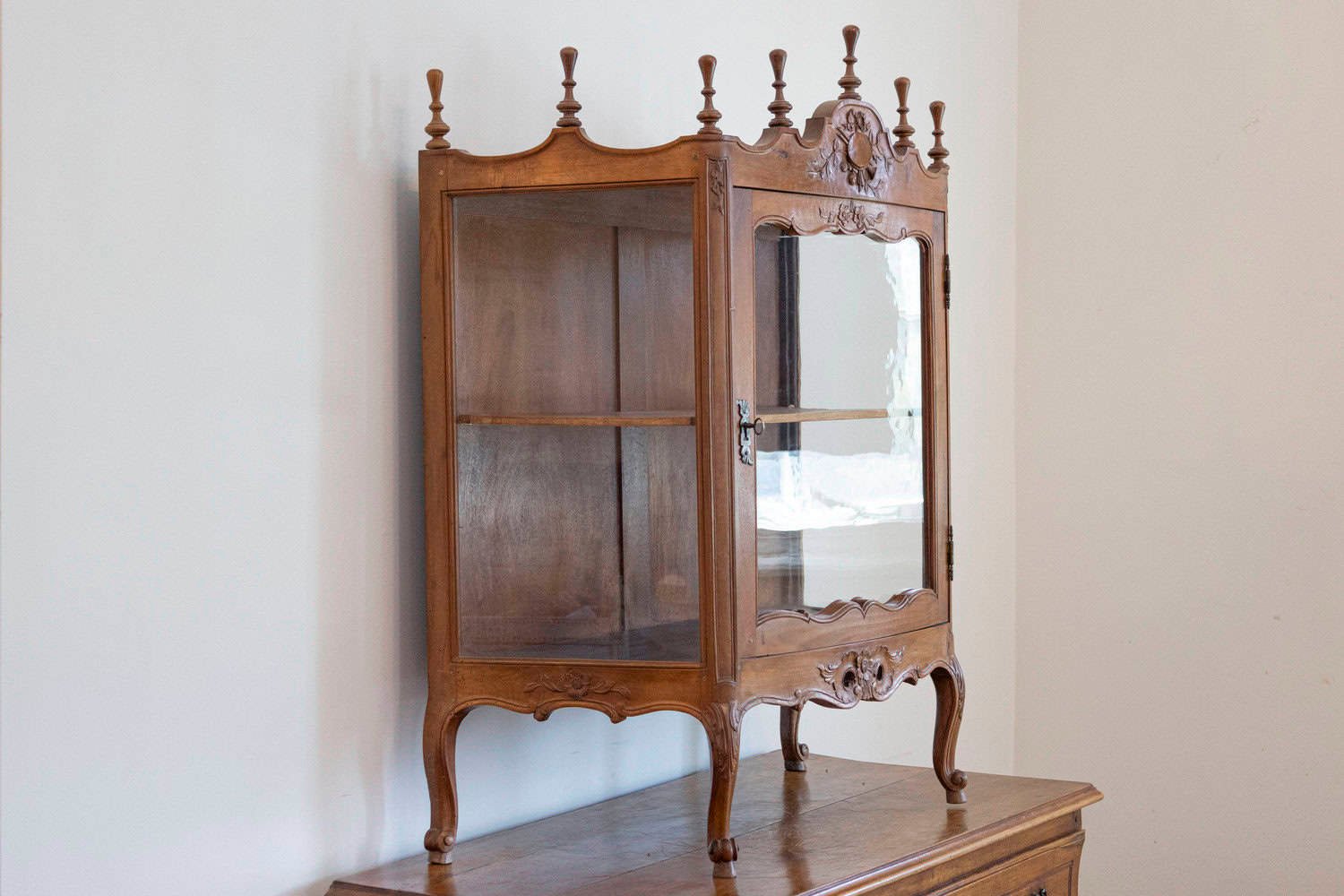 French 19th Century Louis XV Style Walnut Display Cabinet with Carved Musical Instruments - JAA