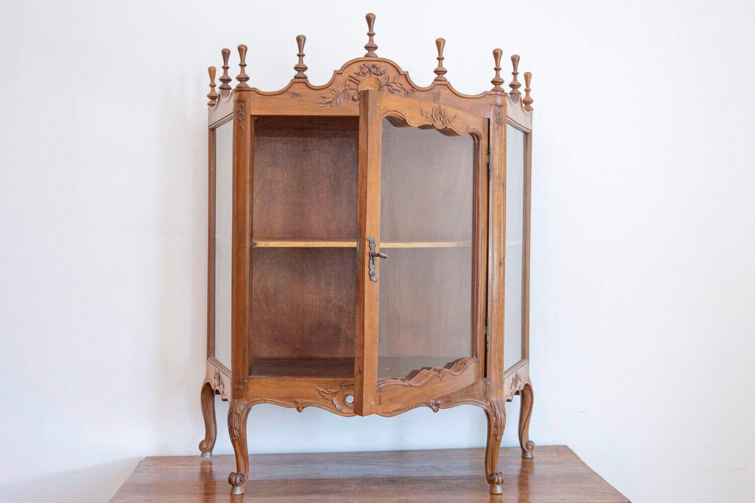 French 19th Century Louis XV Style Walnut Display Cabinet with Carved Musical Instruments - JAA