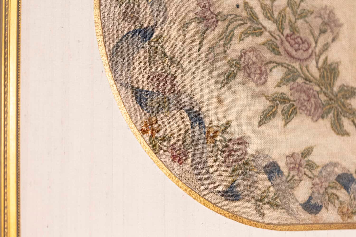 French 19th Century Framed Needlepoint Tapestry with Ribbon and Floral Décor - JAA