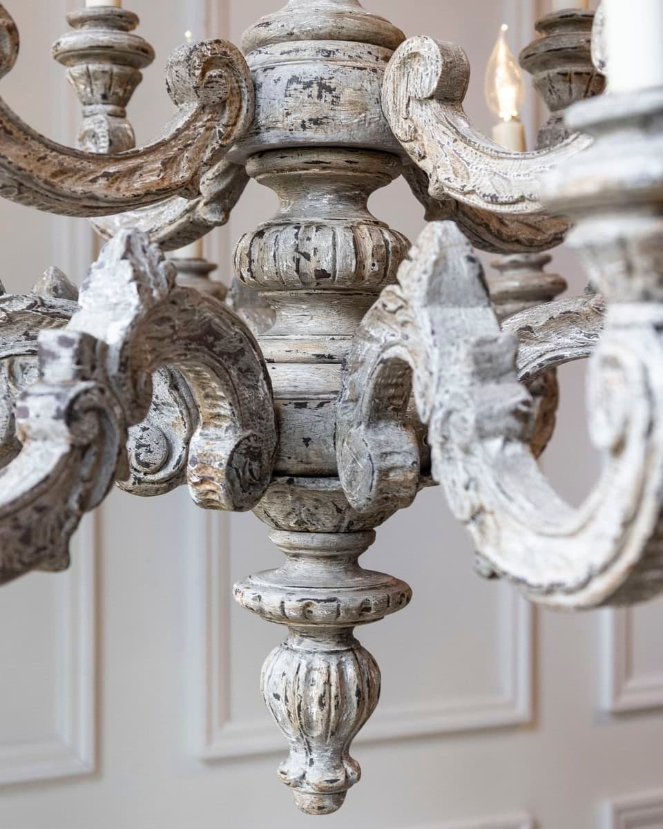 French 20th Century Carved and Painted Wood Twelve-Light Chandelier - JAA