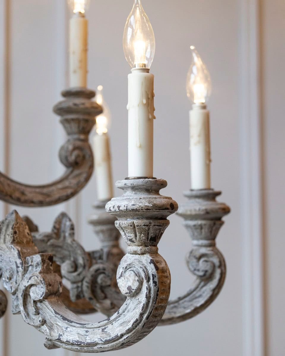 French 20th Century Carved and Painted Wood Twelve-Light Chandelier - JAA