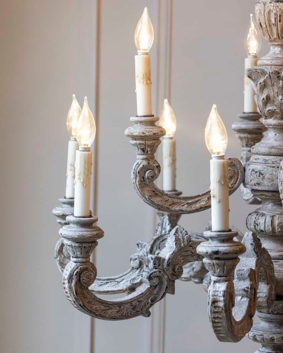 French 20th Century Carved and Painted Wood Twelve-Light Chandelier - JAA