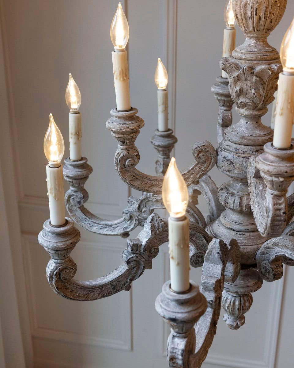 French 20th Century Carved and Painted Wood Twelve-Light Chandelier - JAA