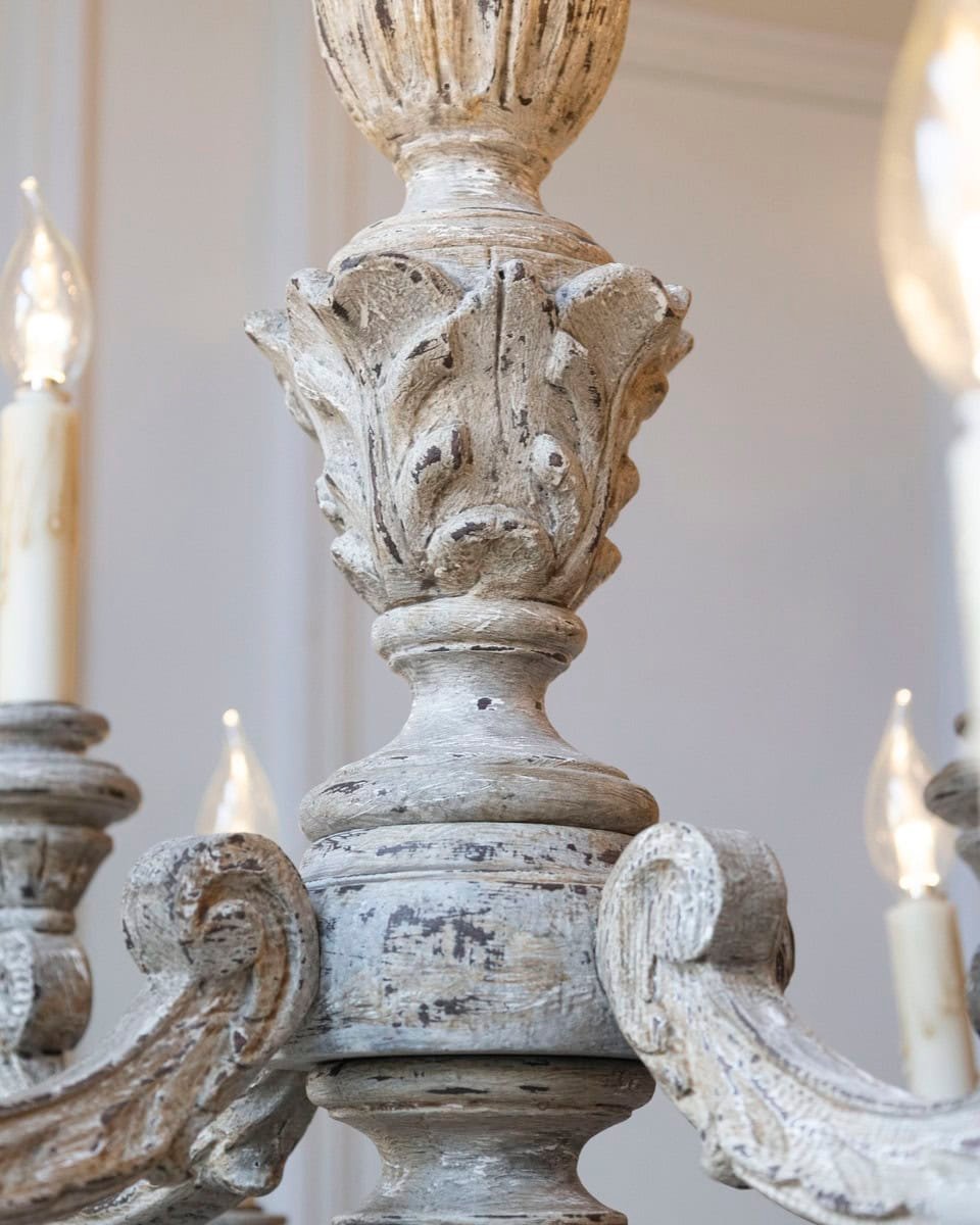 French 20th Century Carved and Painted Wood Twelve-Light Chandelier - JAA