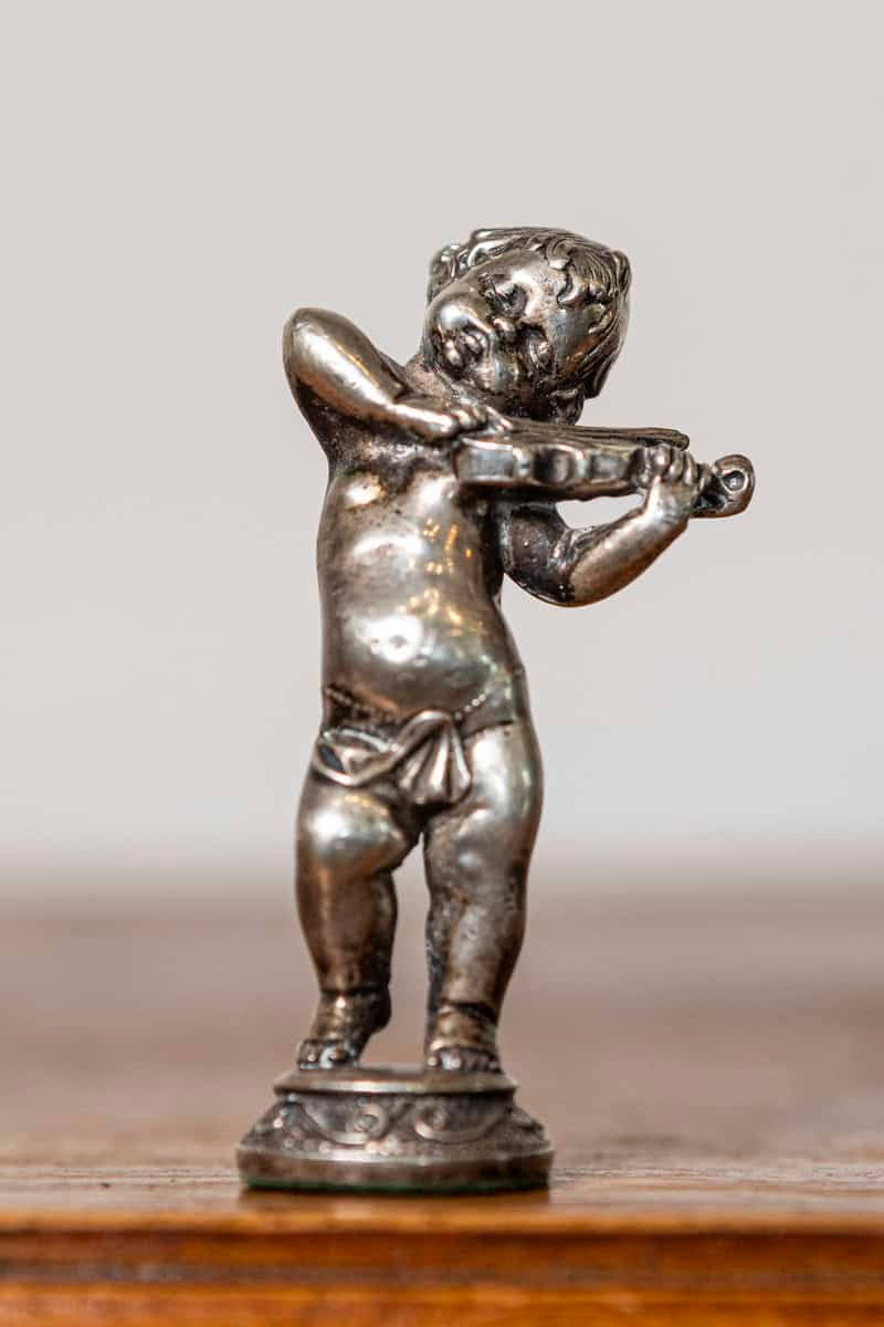 French Early 20th Century Silver-Plated Bronze Statuette of a Cherub Playing Violin on Scrollwork Base - JAA