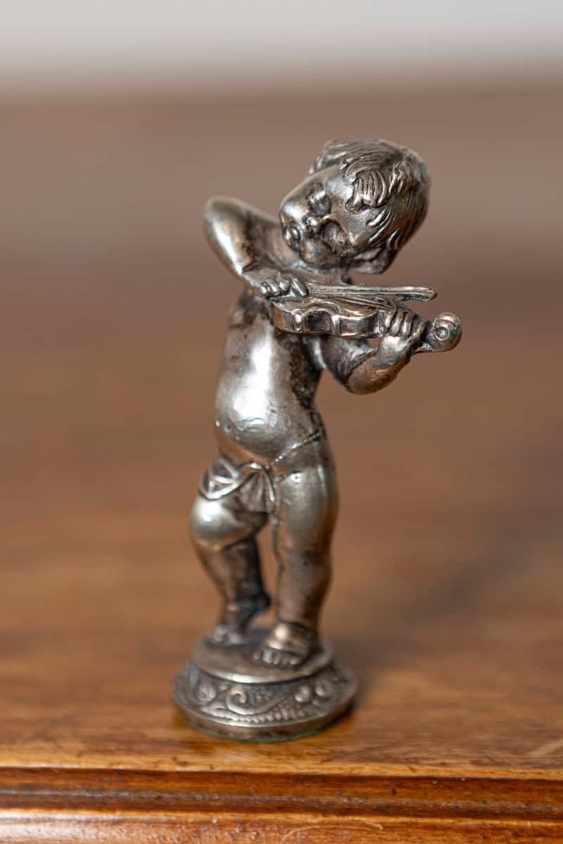 French Early 20th Century Silver-Plated Bronze Statuette of a Cherub Playing Violin on Scrollwork Base - JAA