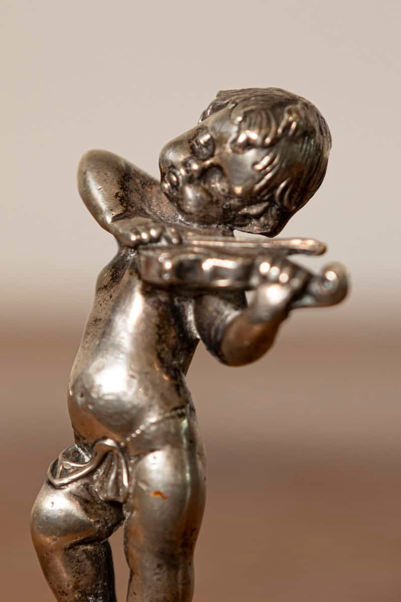 French Early 20th Century Silver-Plated Bronze Statuette of a Cherub Playing Violin on Scrollwork Base - JAA