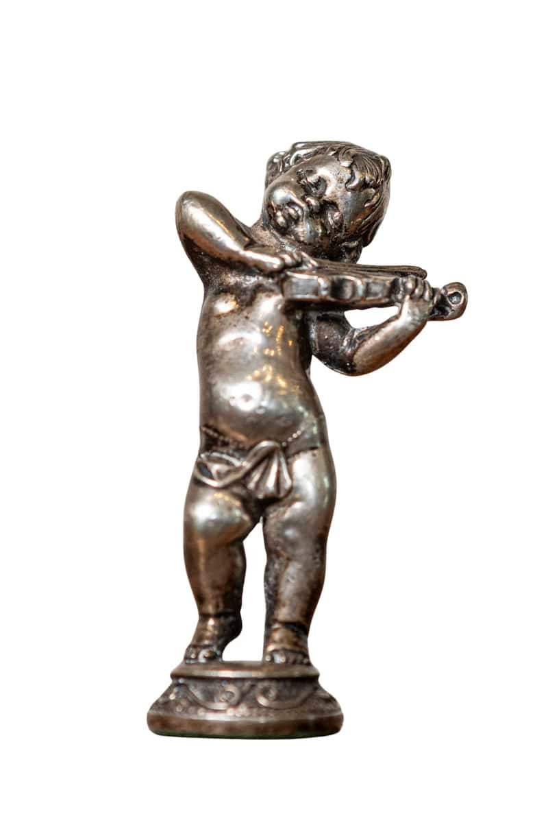 French Early 20th Century Silver-Plated Bronze Statuette of a Cherub Playing Violin on Scrollwork Base