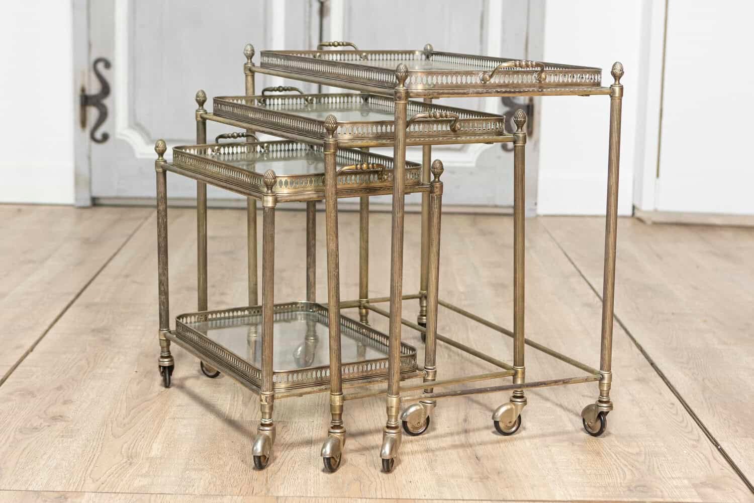 Set of Three French Neoclassical Style Nesting Bar Carts with Glass Shelves - JAA