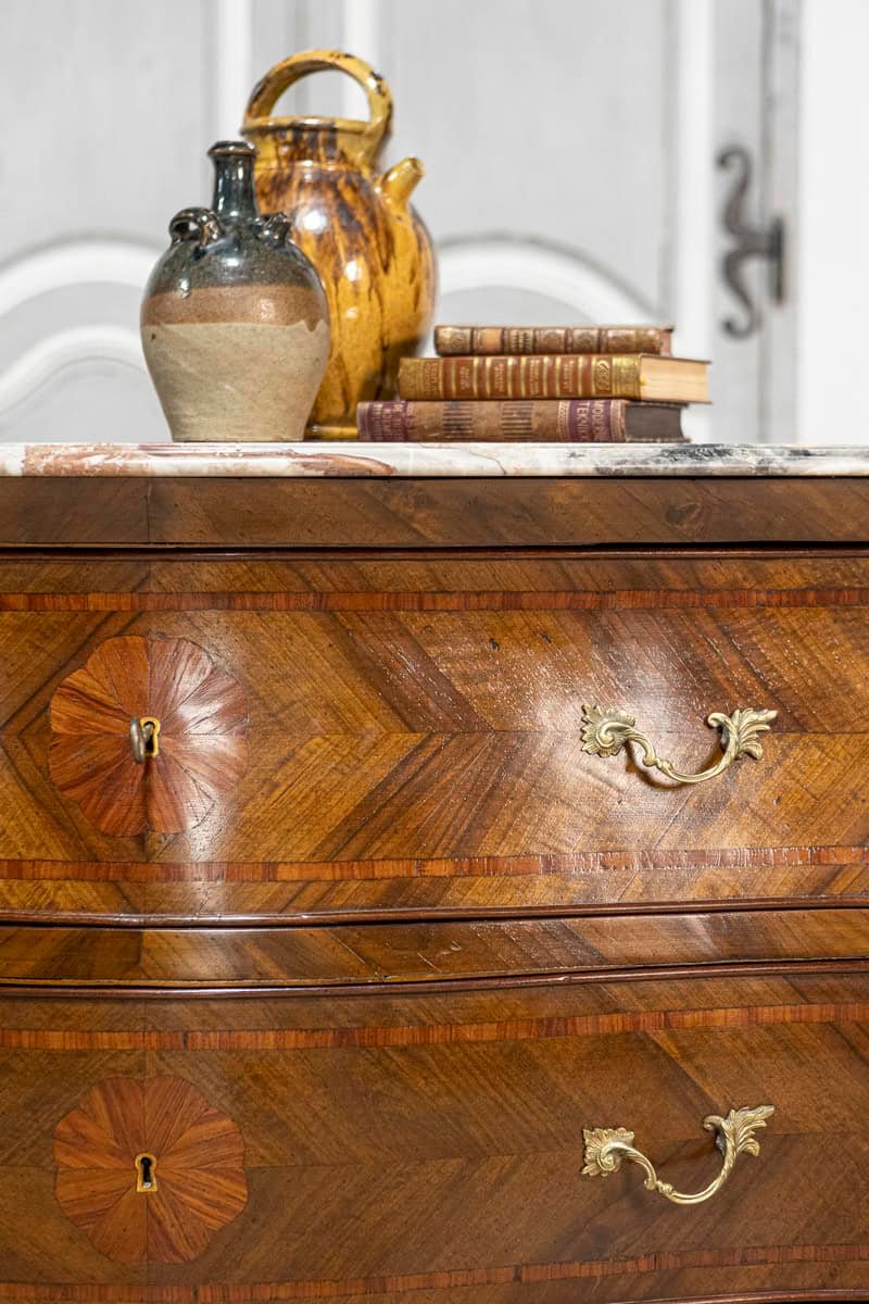 Italian Early 20th Century Rococo Style Walnut Commodes with Marble Tops, Pair, c.1900 - JAA