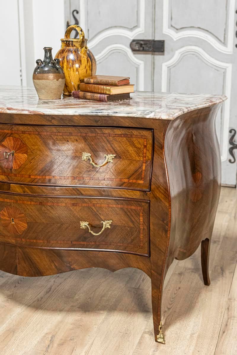 Italian Early 20th Century Rococo Style Walnut Commodes with Marble Tops, Pair, c.1900 - JAA