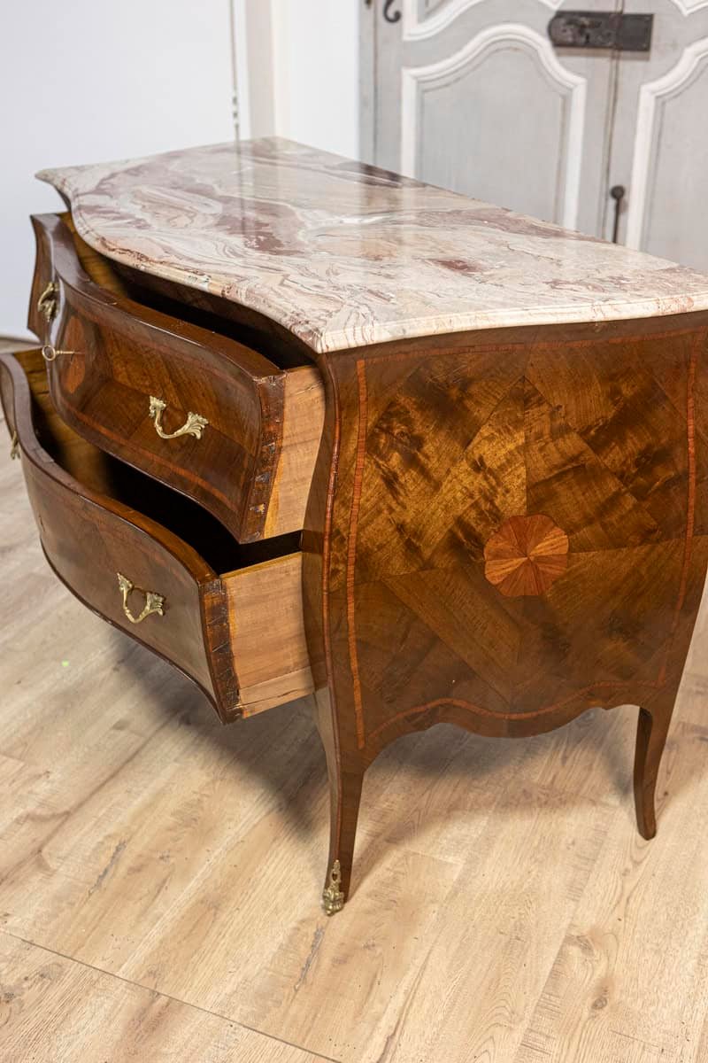 Italian Early 20th Century Rococo Style Walnut Commodes with Marble Tops, Pair, c.1900 - JAA