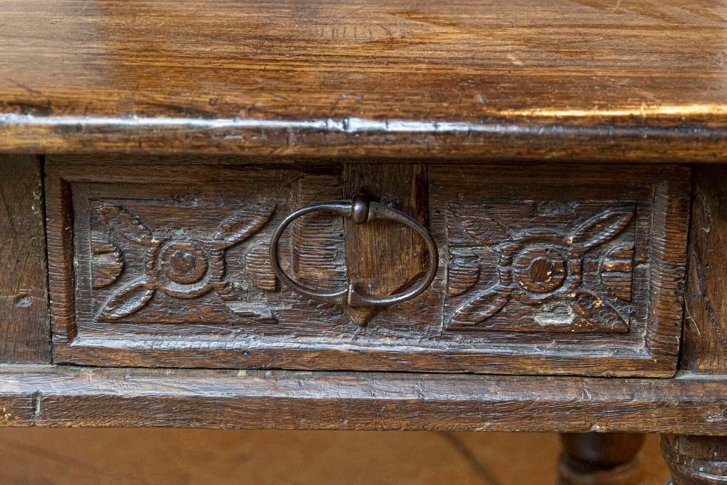 French 1750s Walnut Library Table with Carved Drawers and Original Hardware - JAA