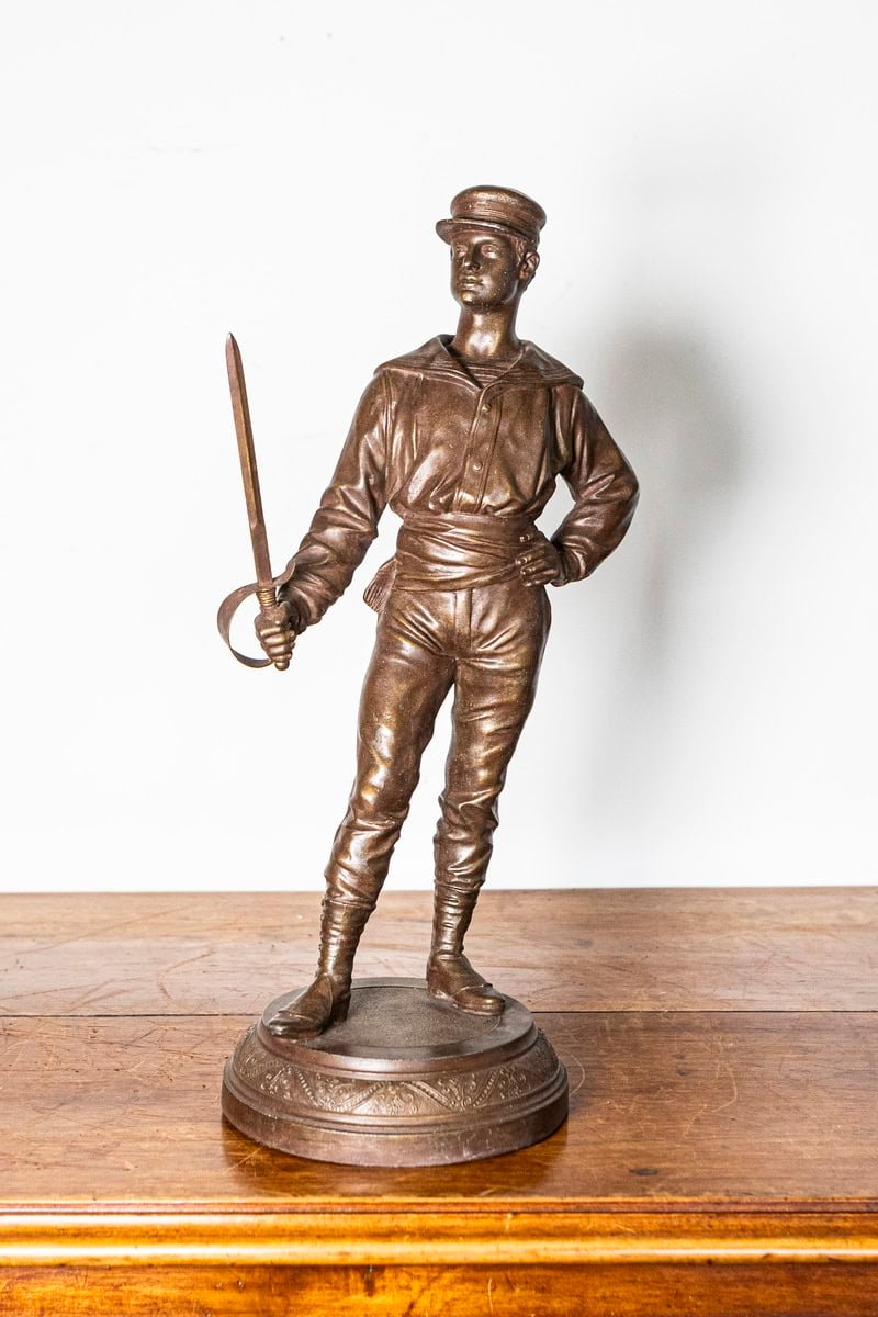 French Early 20th Century Patinated Bronze Fencing Trophy with Fencer Figure on Decorative Pedestal - JAA