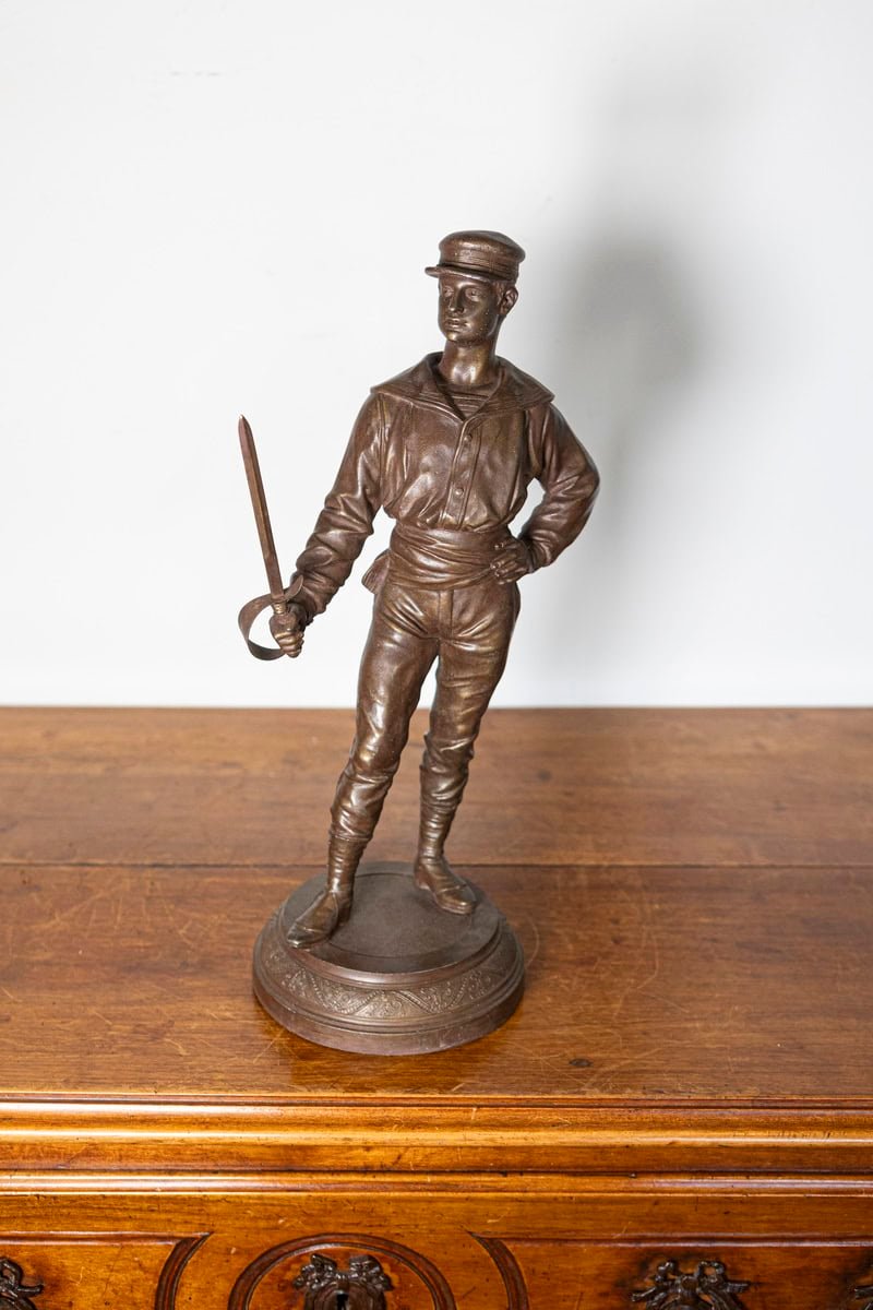 French Early 20th Century Patinated Bronze Fencing Trophy with Fencer Figure on Decorative Pedestal - JAA