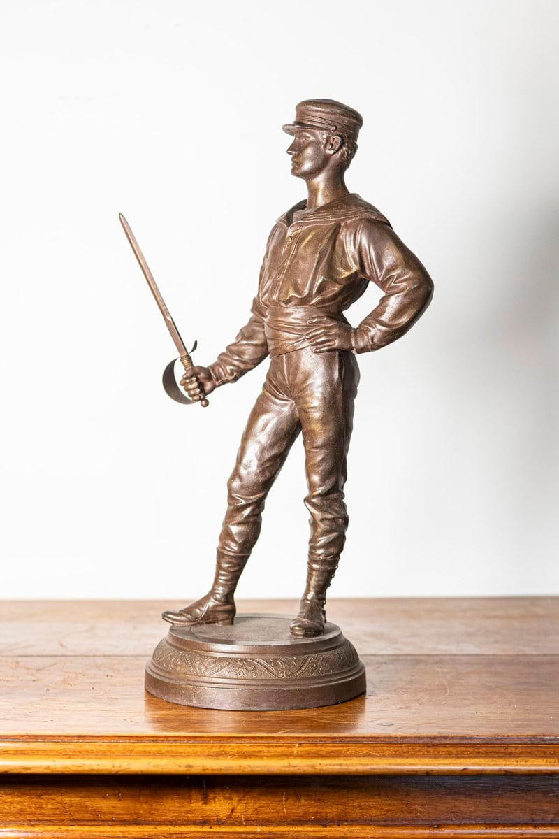 French Early 20th Century Patinated Bronze Fencing Trophy with Fencer Figure on Decorative Pedestal - JAA