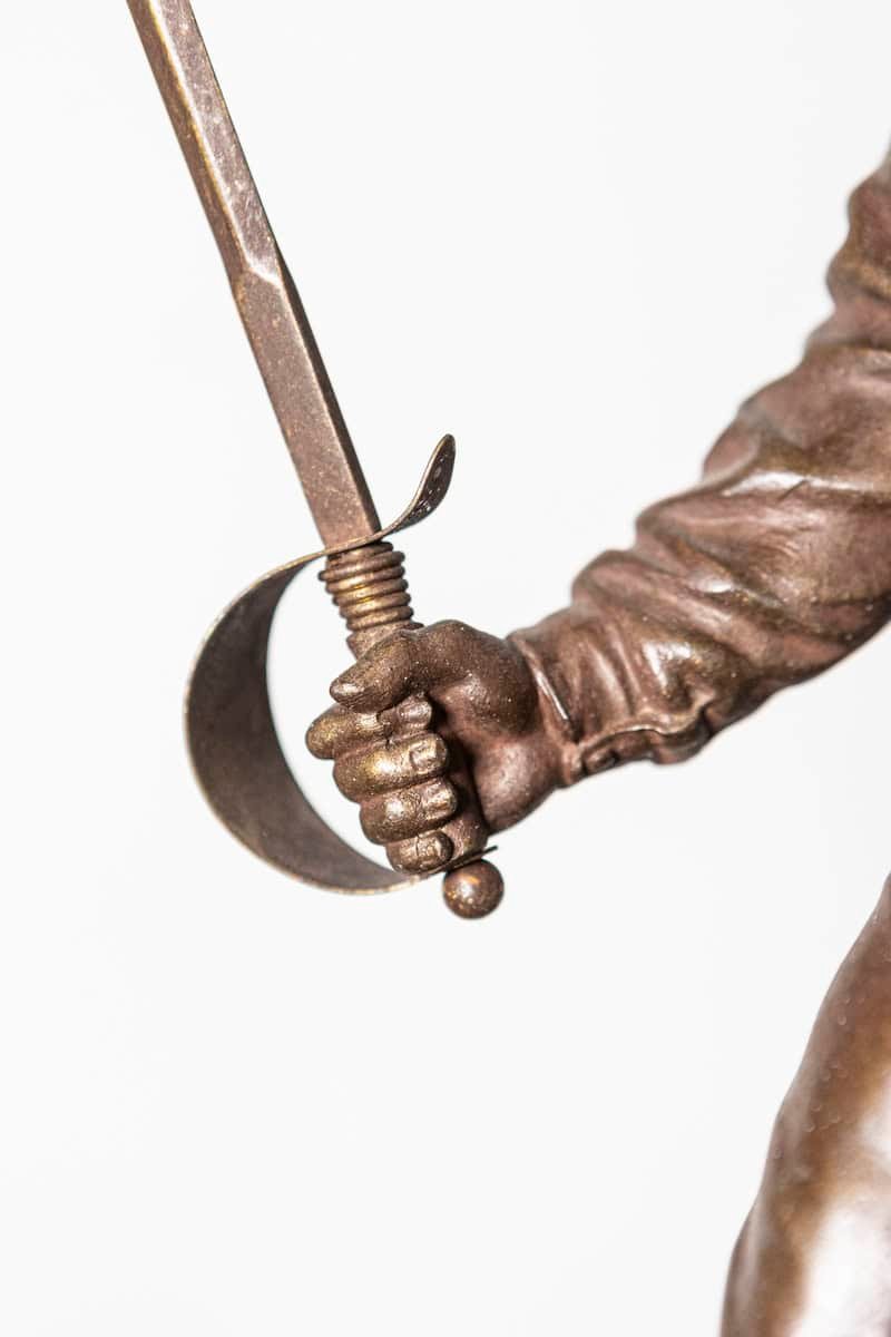 French Early 20th Century Patinated Bronze Fencing Trophy with Fencer Figure on Decorative Pedestal - JAA