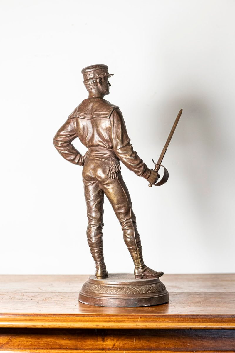 French Early 20th Century Patinated Bronze Fencing Trophy with Fencer Figure on Decorative Pedestal - JAA