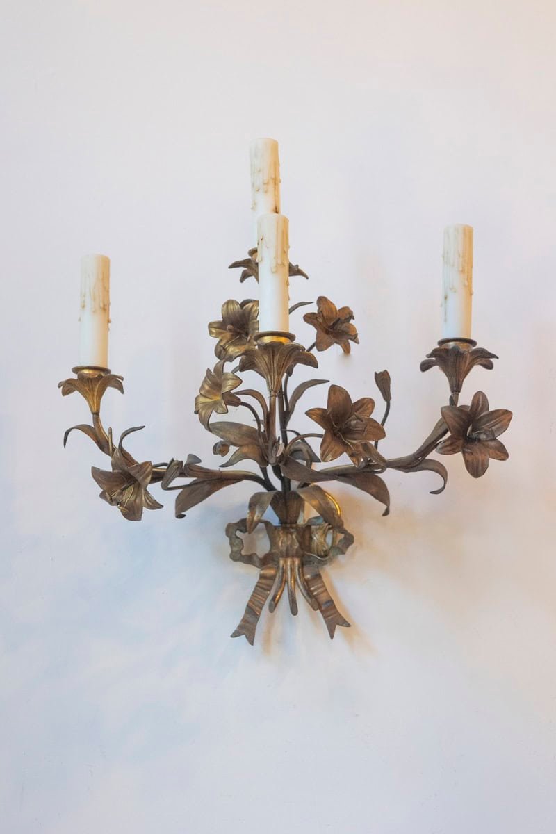 Pair of 20th Century French Gilt Tôle Floral Sconces - JAA