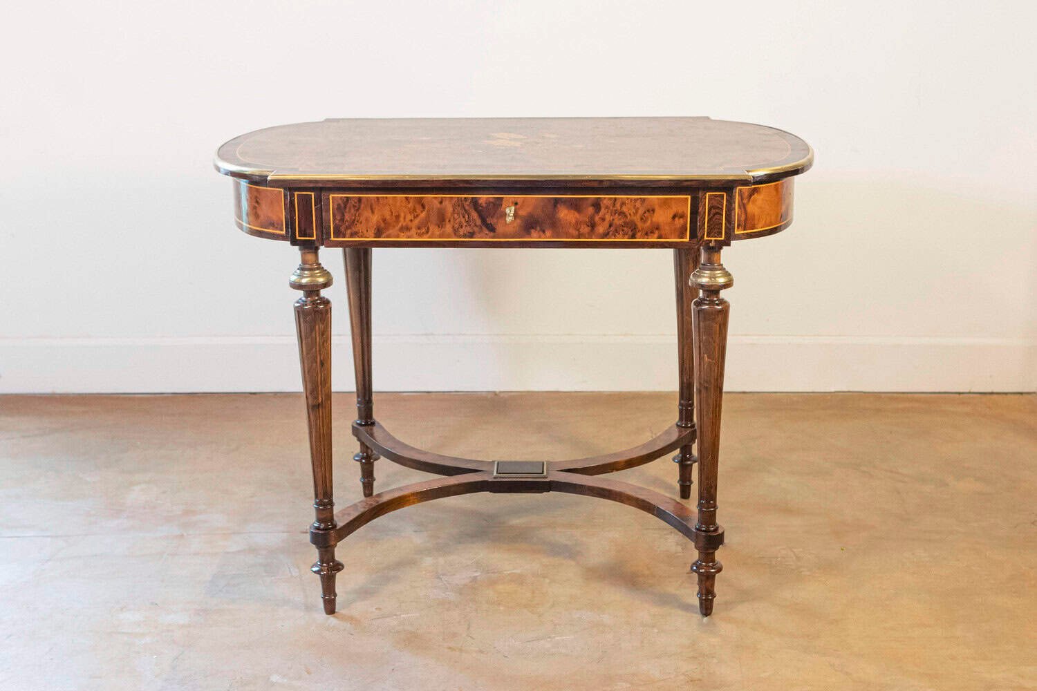 Italian 1890s Walnut, Mahogany and Brass Side Table with Floral Marquetry Décor - JAA