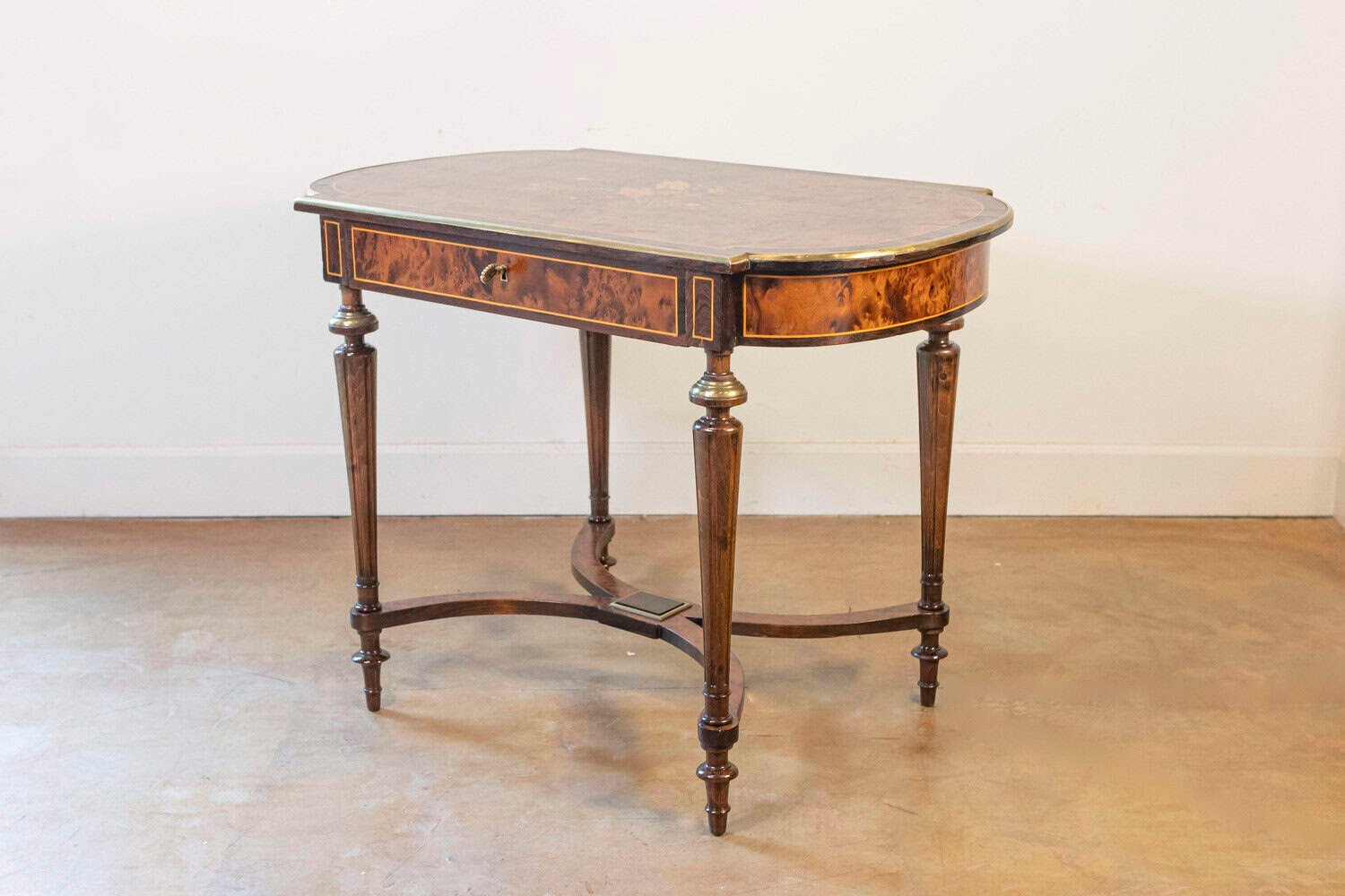 Italian 1890s Walnut, Mahogany and Brass Side Table with Floral Marquetry Décor - JAA