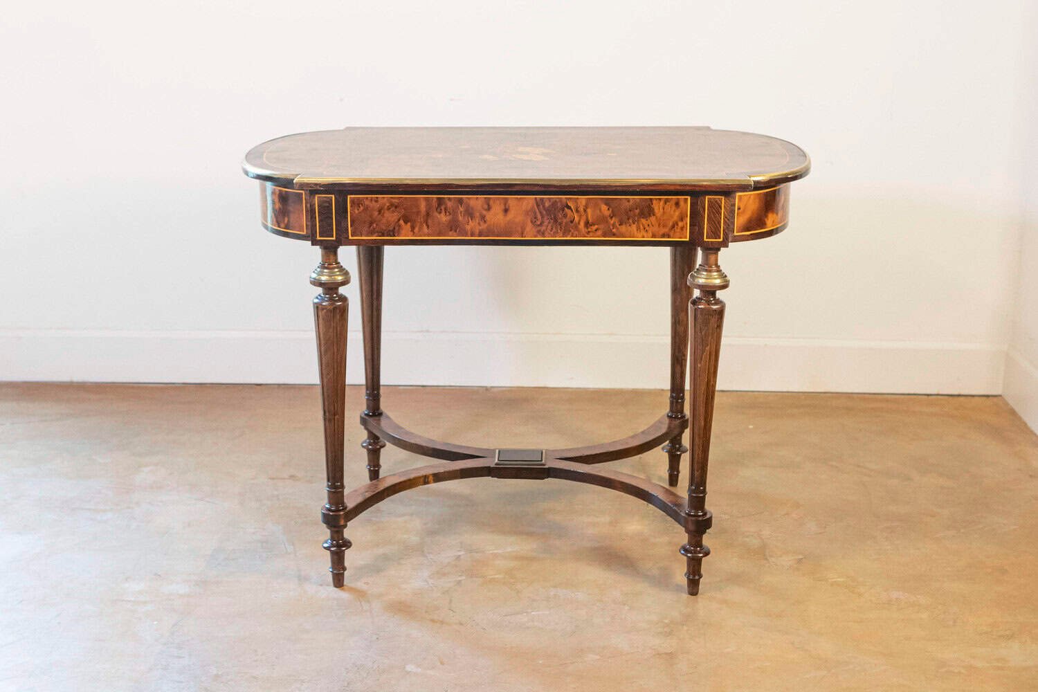 Italian 1890s Walnut, Mahogany and Brass Side Table with Floral Marquetry Décor - JAA