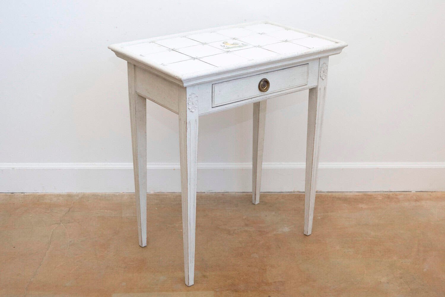 Danish Painted Wood Side Table with Tile Top, Rooster Motif and Single Drawer - JAA