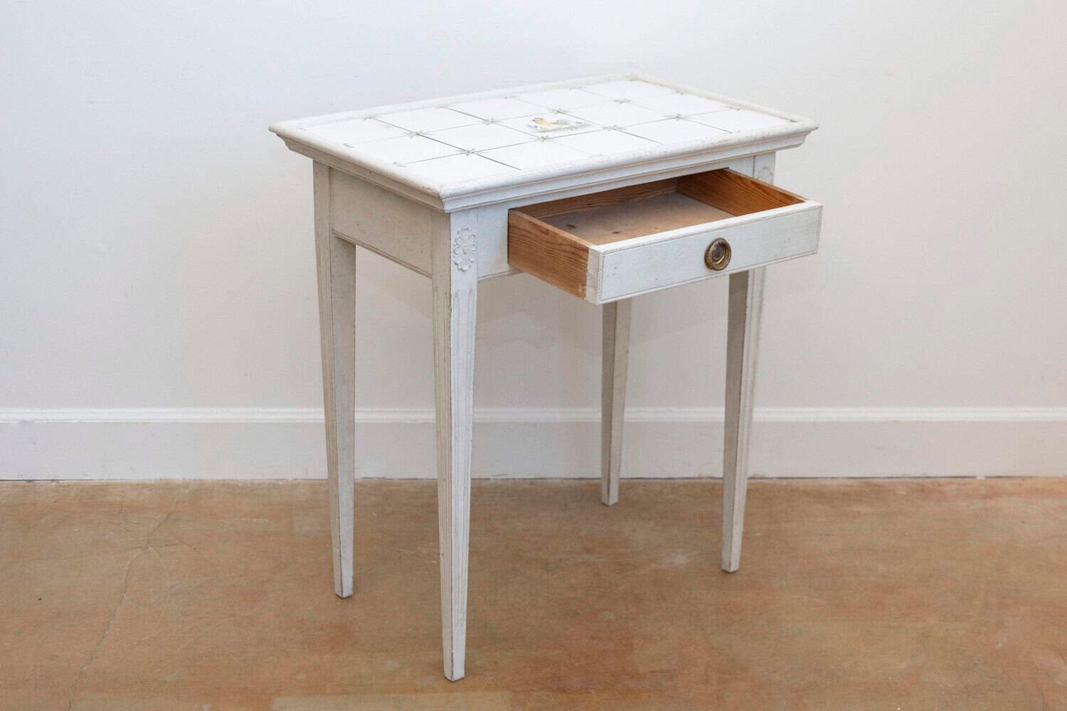 Danish Painted Wood Side Table with Tile Top, Rooster Motif and Single Drawer - JAA