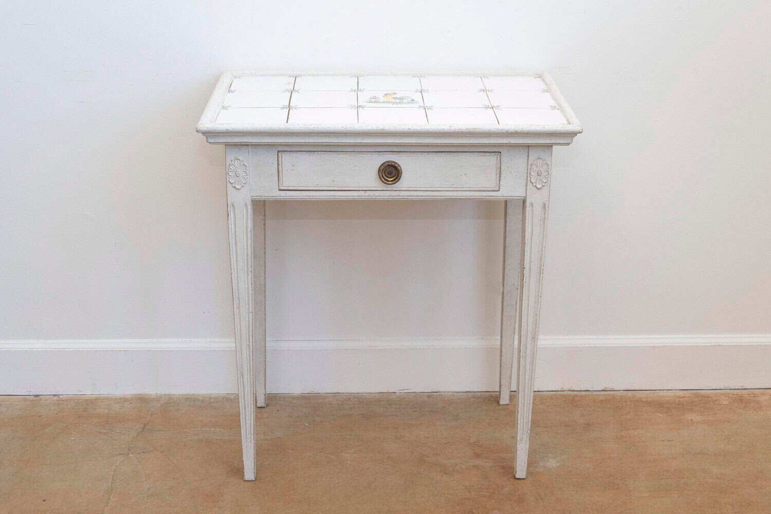 Danish Painted Wood Side Table with Tile Top, Rooster Motif and Single Drawer - JAA