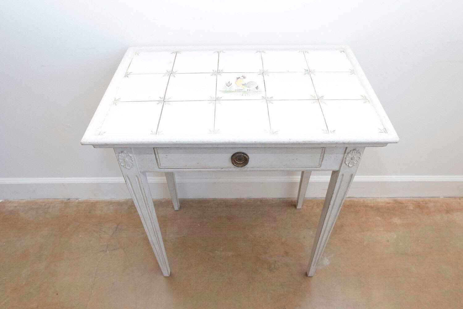 Danish Painted Wood Side Table with Tile Top, Rooster Motif and Single Drawer - JAA