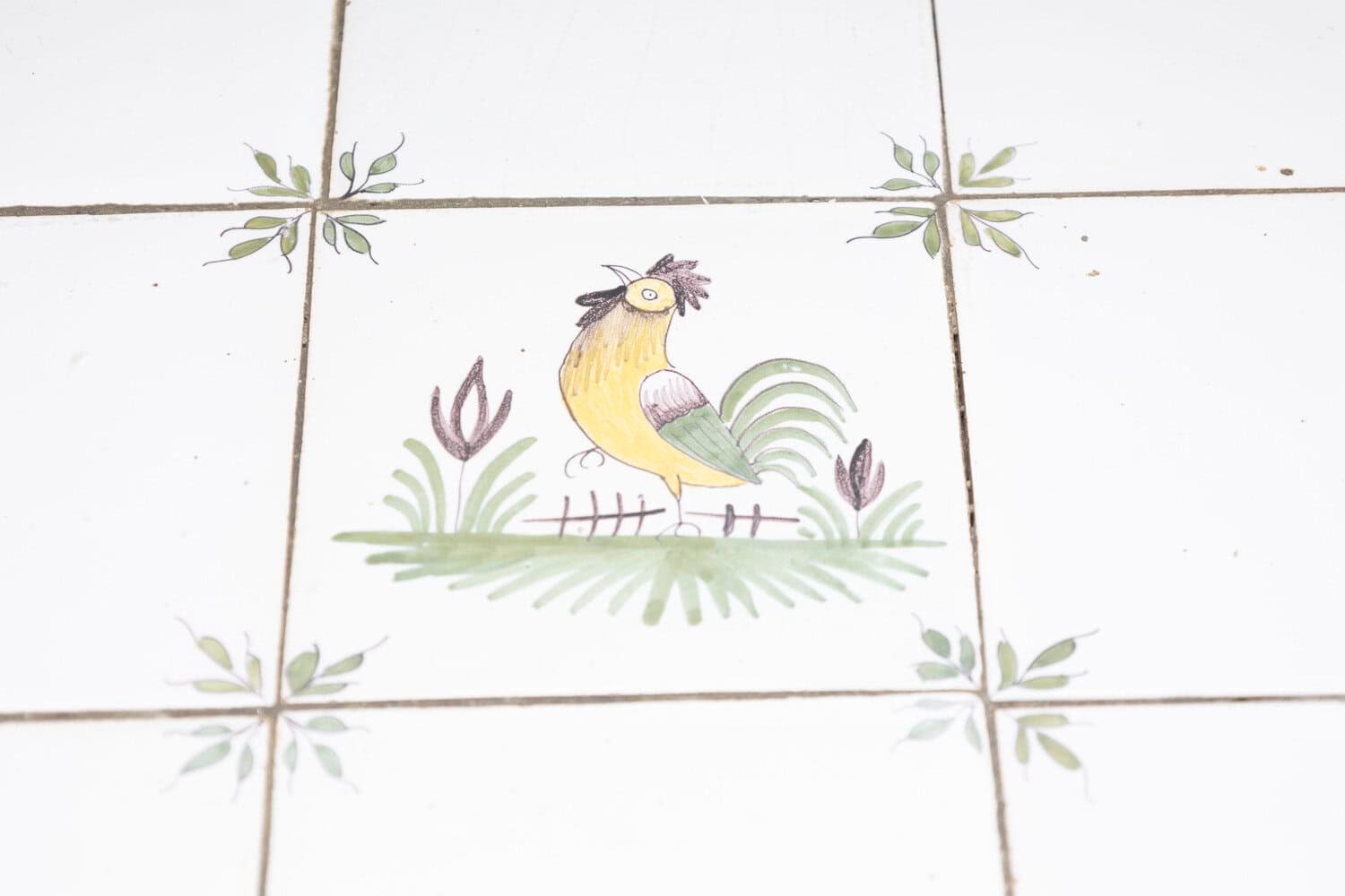 Danish Painted Wood Side Table with Tile Top, Rooster Motif and Single Drawer - JAA