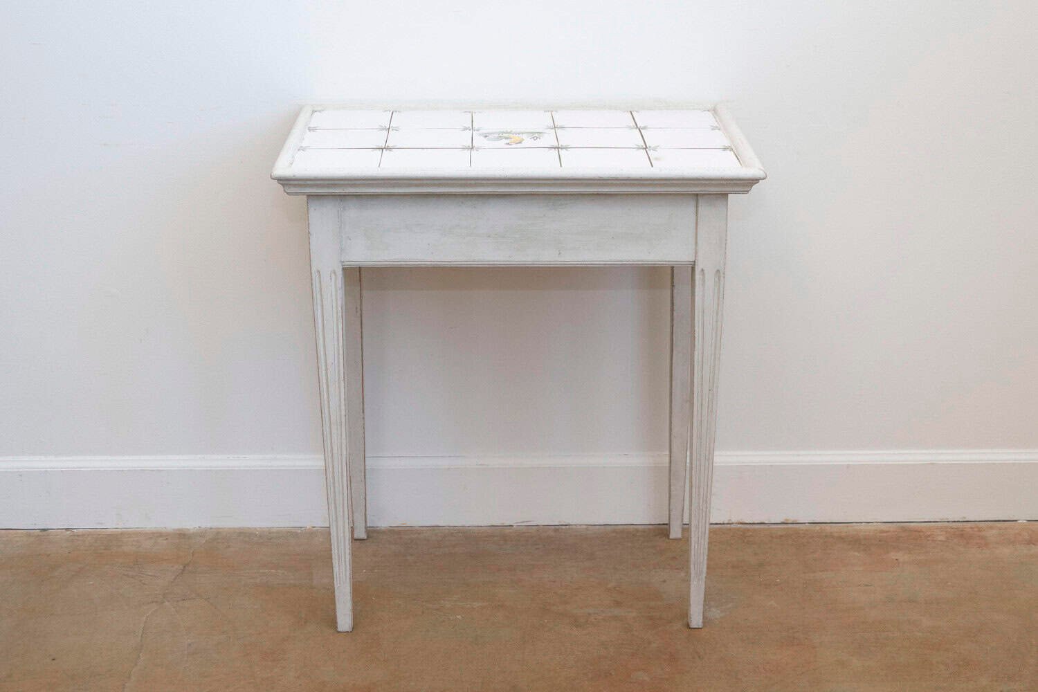Danish Painted Wood Side Table with Tile Top, Rooster Motif and Single Drawer - JAA