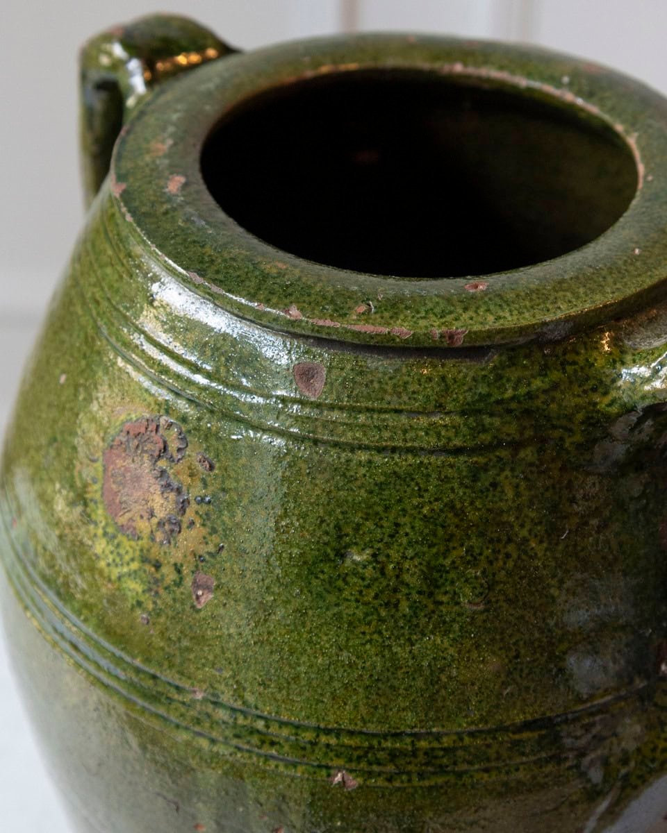 Mediterranean 19th Century Green-Glazed Terracotta Jar with Twin Handles - JAA