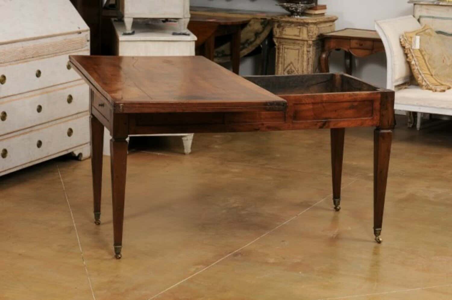 French Directoire Style 19th Century Walnut Table with Folding Top, Tapered Legs - JAA