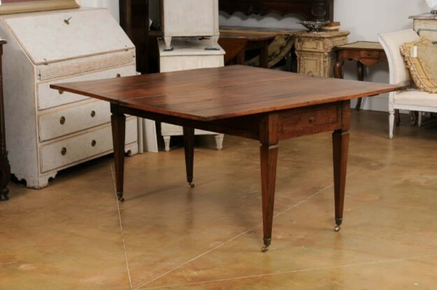 French Directoire Style 19th Century Walnut Table with Folding Top, Tapered Legs - JAA