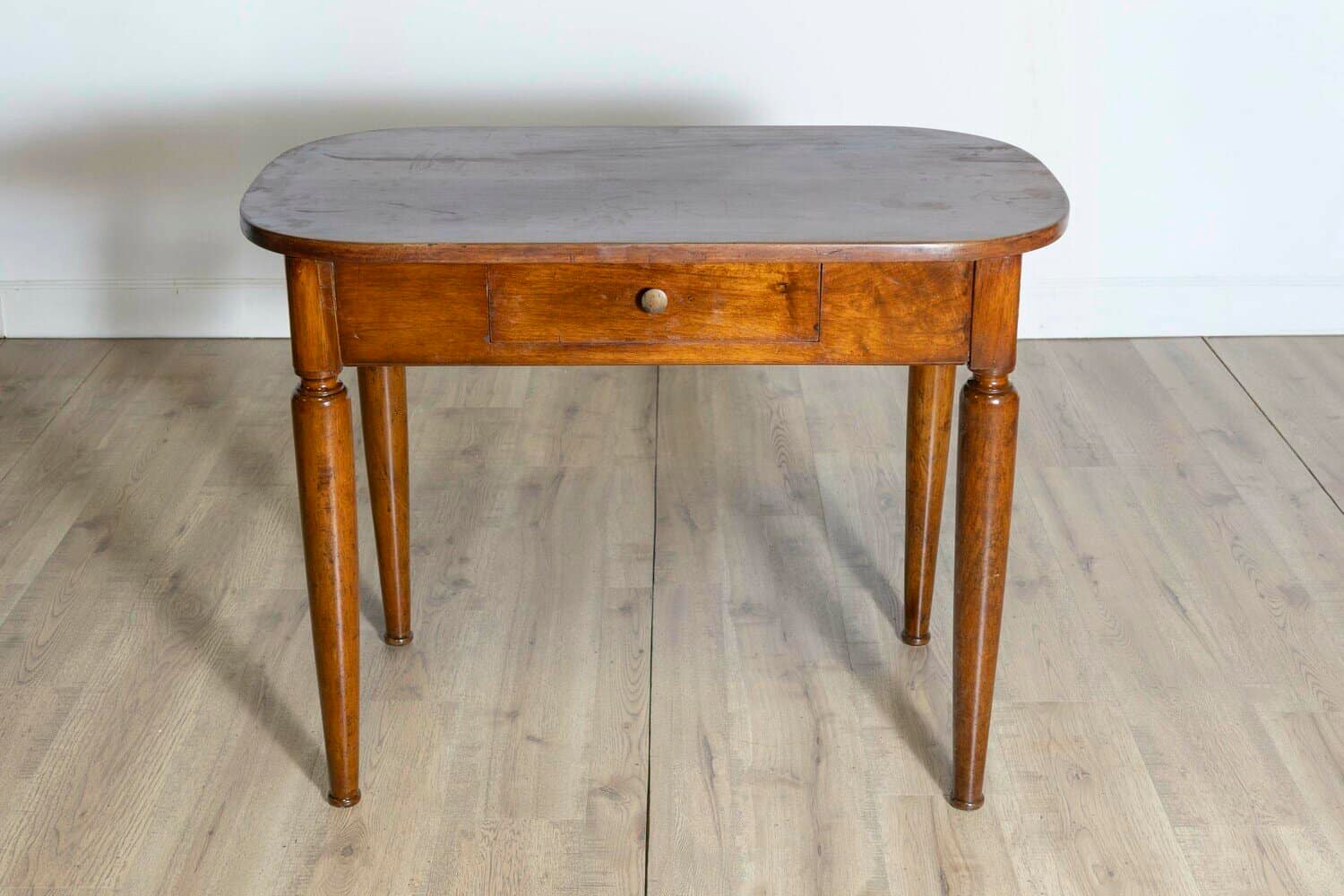 Italian Walnut 1890s Side Table with Oval Top, One Drawer and Cylindrical Legs - JAA