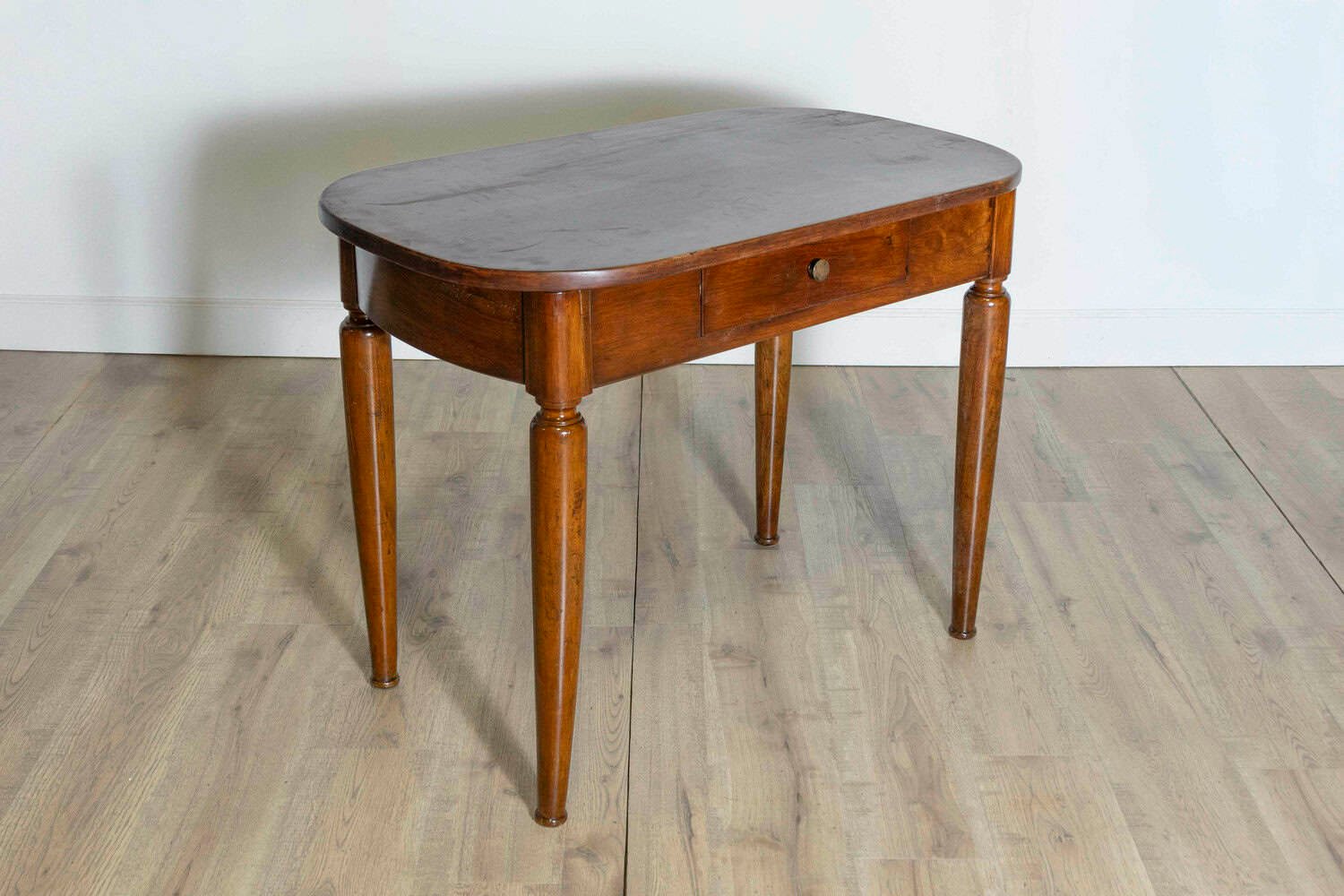 Italian Walnut 1890s Side Table with Oval Top, One Drawer and Cylindrical Legs - JAA