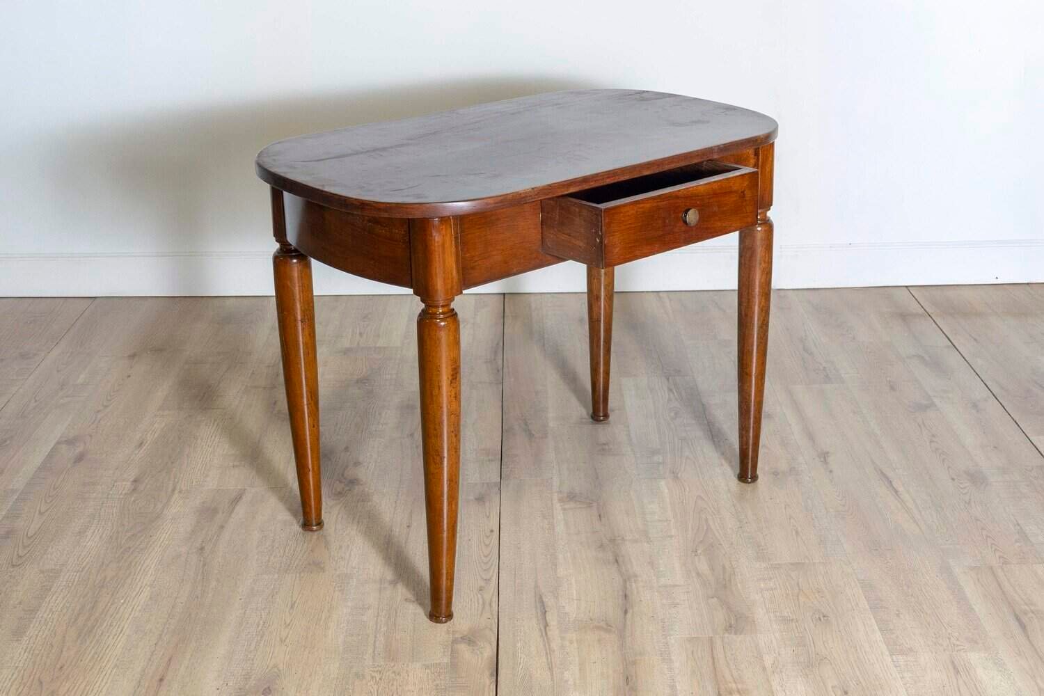 Italian Walnut 1890s Side Table with Oval Top, One Drawer and Cylindrical Legs - JAA