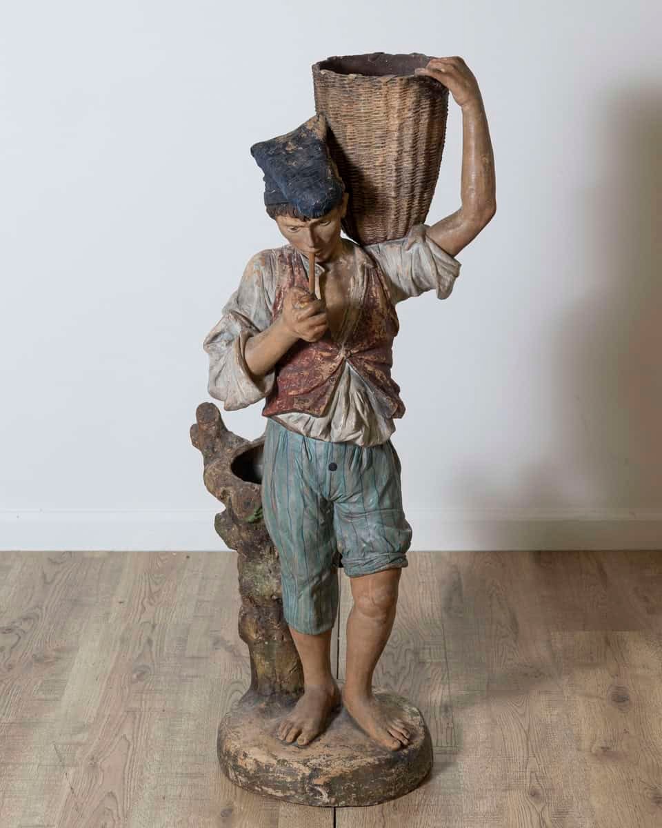 Italian 19th Century Polychrome Painted Metal Figure of a Boy with Basket - JAA