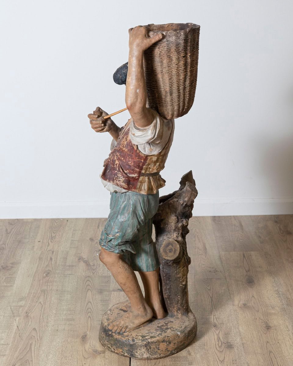 Italian 19th Century Polychrome Painted Metal Figure of a Boy with Basket - JAA
