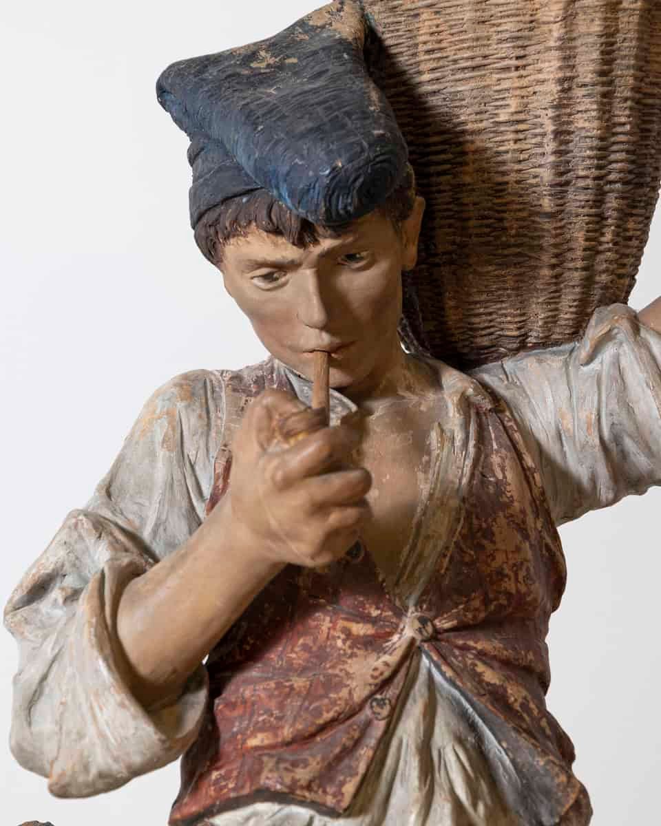 Italian 19th Century Polychrome Painted Metal Figure of a Boy with Basket - JAA