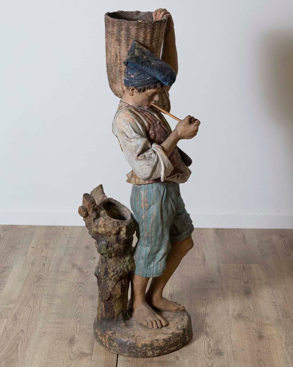 Italian 19th Century Polychrome Painted Metal Figure of a Boy with Basket - JAA