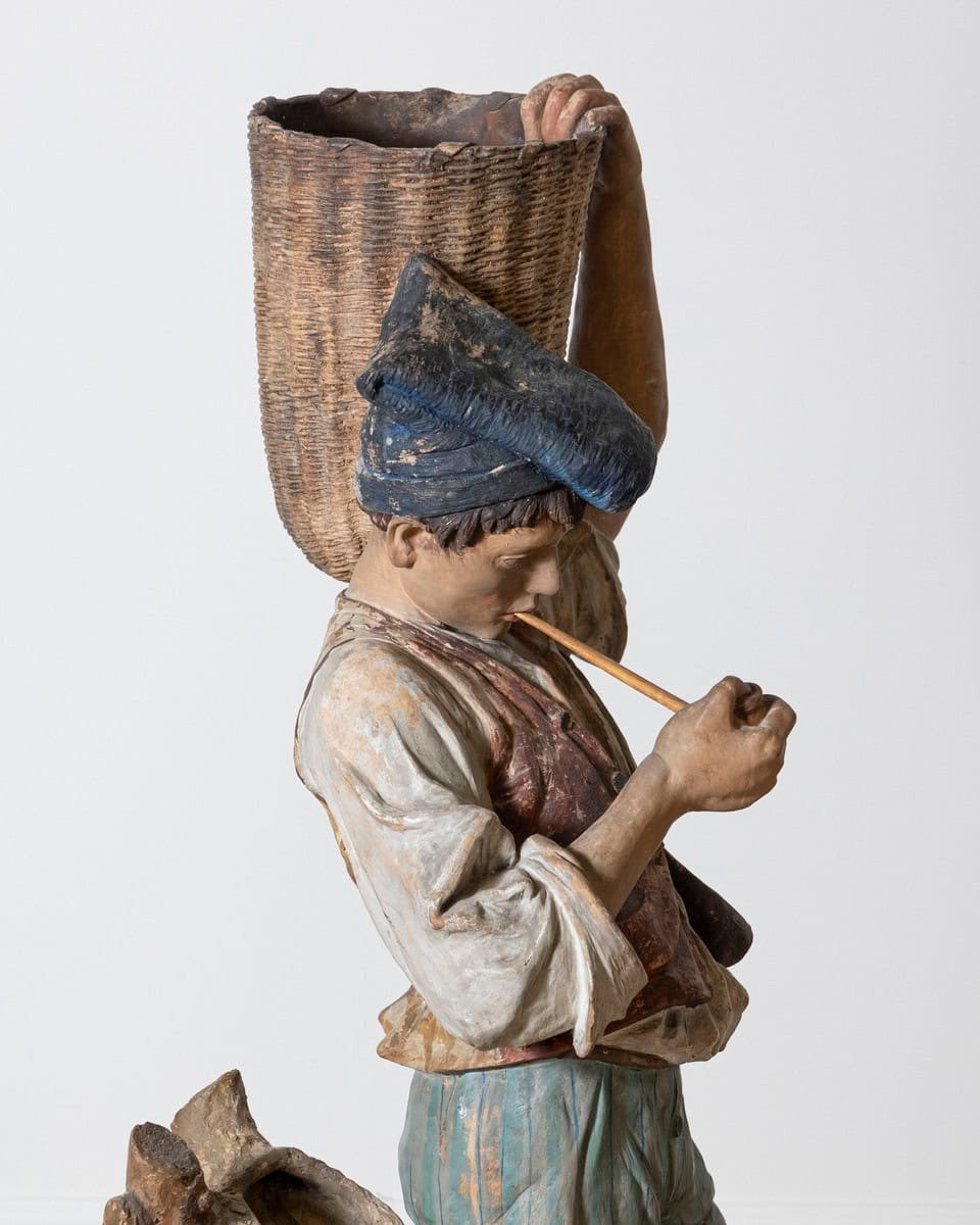 Italian 19th Century Polychrome Painted Metal Figure of a Boy with Basket - JAA