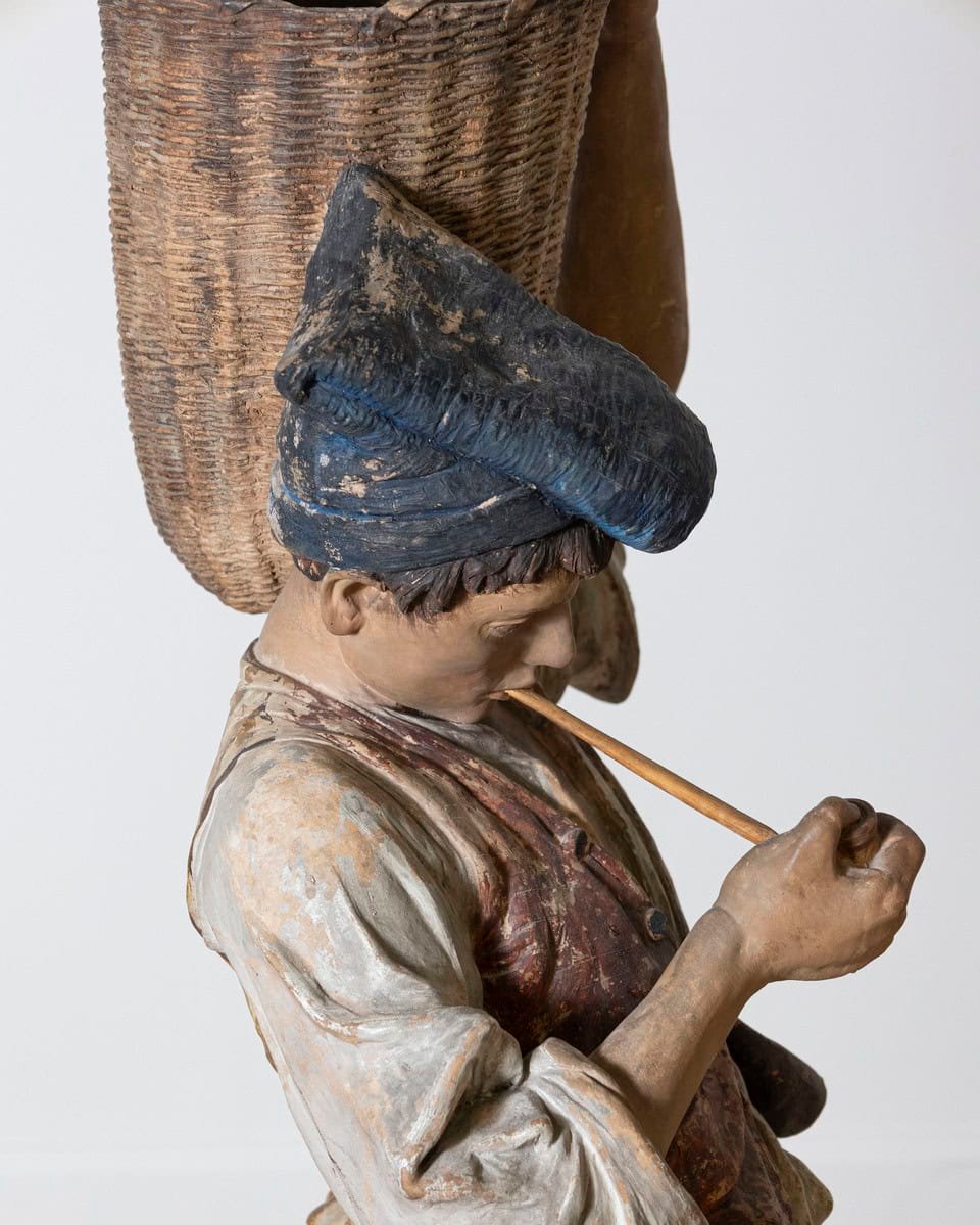 Italian 19th Century Polychrome Painted Metal Figure of a Boy with Basket - JAA