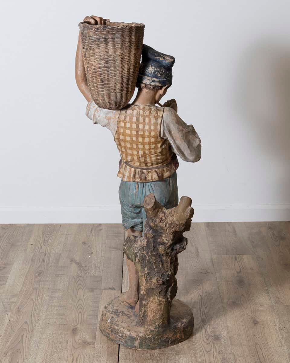 Italian 19th Century Polychrome Painted Metal Figure of a Boy with Basket - JAA