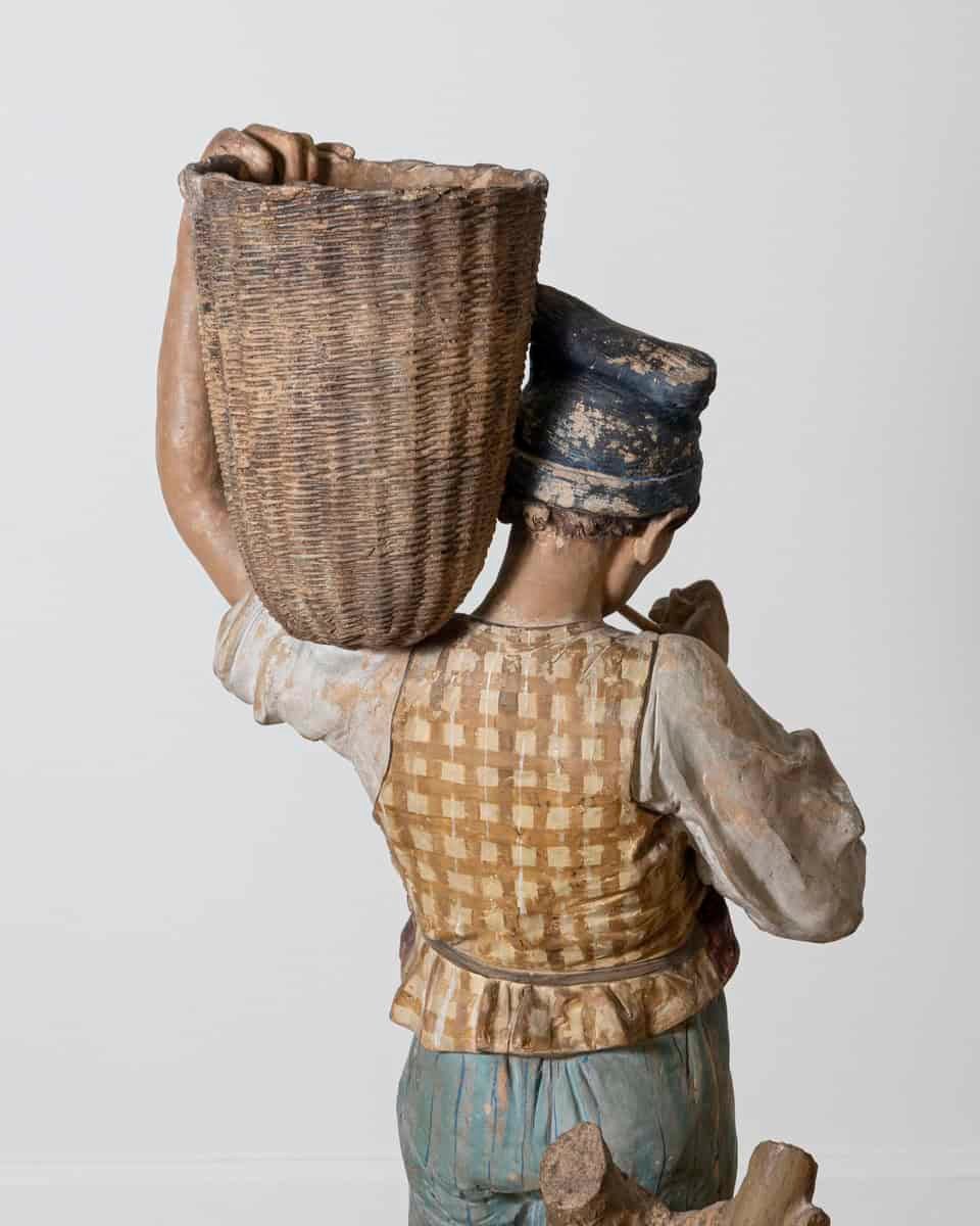 Italian 19th Century Polychrome Painted Metal Figure of a Boy with Basket - JAA