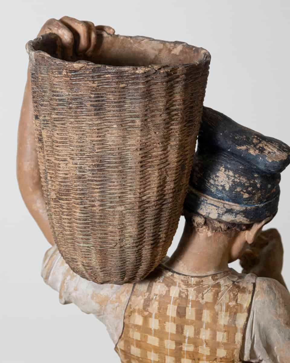 Italian 19th Century Polychrome Painted Metal Figure of a Boy with Basket - JAA