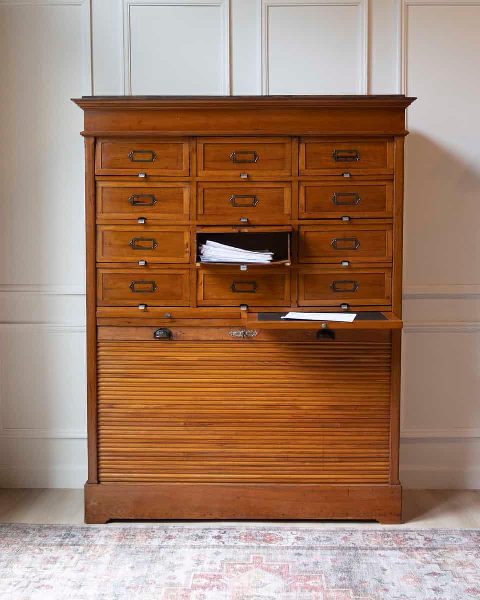 Early 20th Century Italian Wooden Filing Cabinet with Tambour Door - JAA